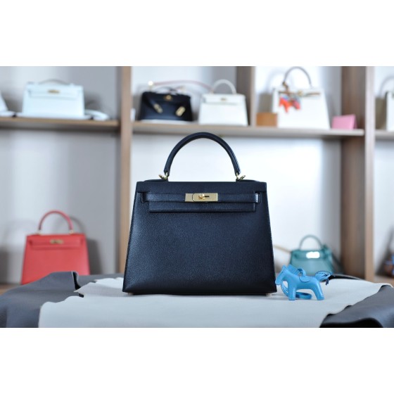 Kelly 28 black gold buckle with extreme pink French sheepskin inside